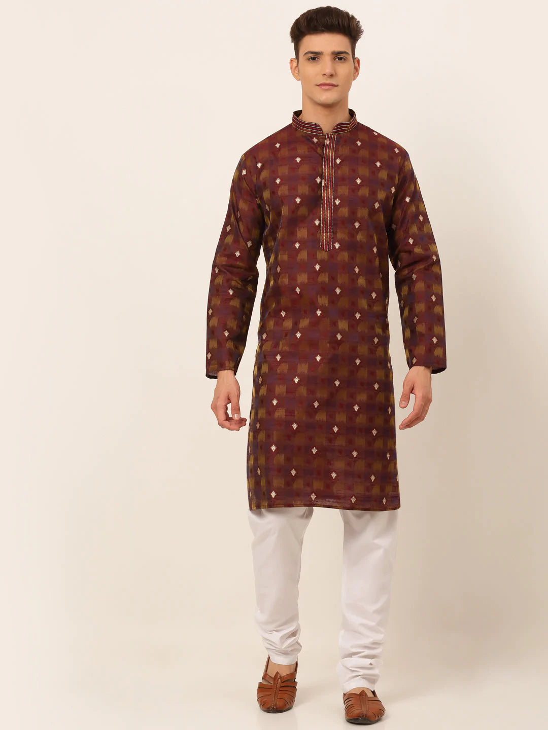 Jompers Men's Maroon Collar Embroidered Woven Design Kurta Pajama ( JOKP 672 Maroon )