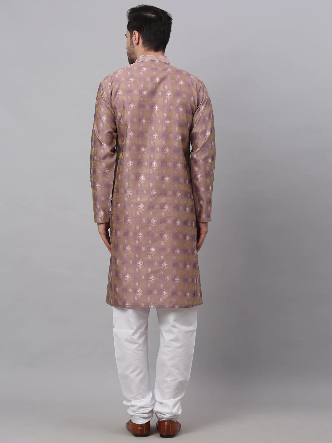 Jompers Men's Pink Collar Embroidered Woven Design Kurta Pajama ( JOKP 672 Pink )