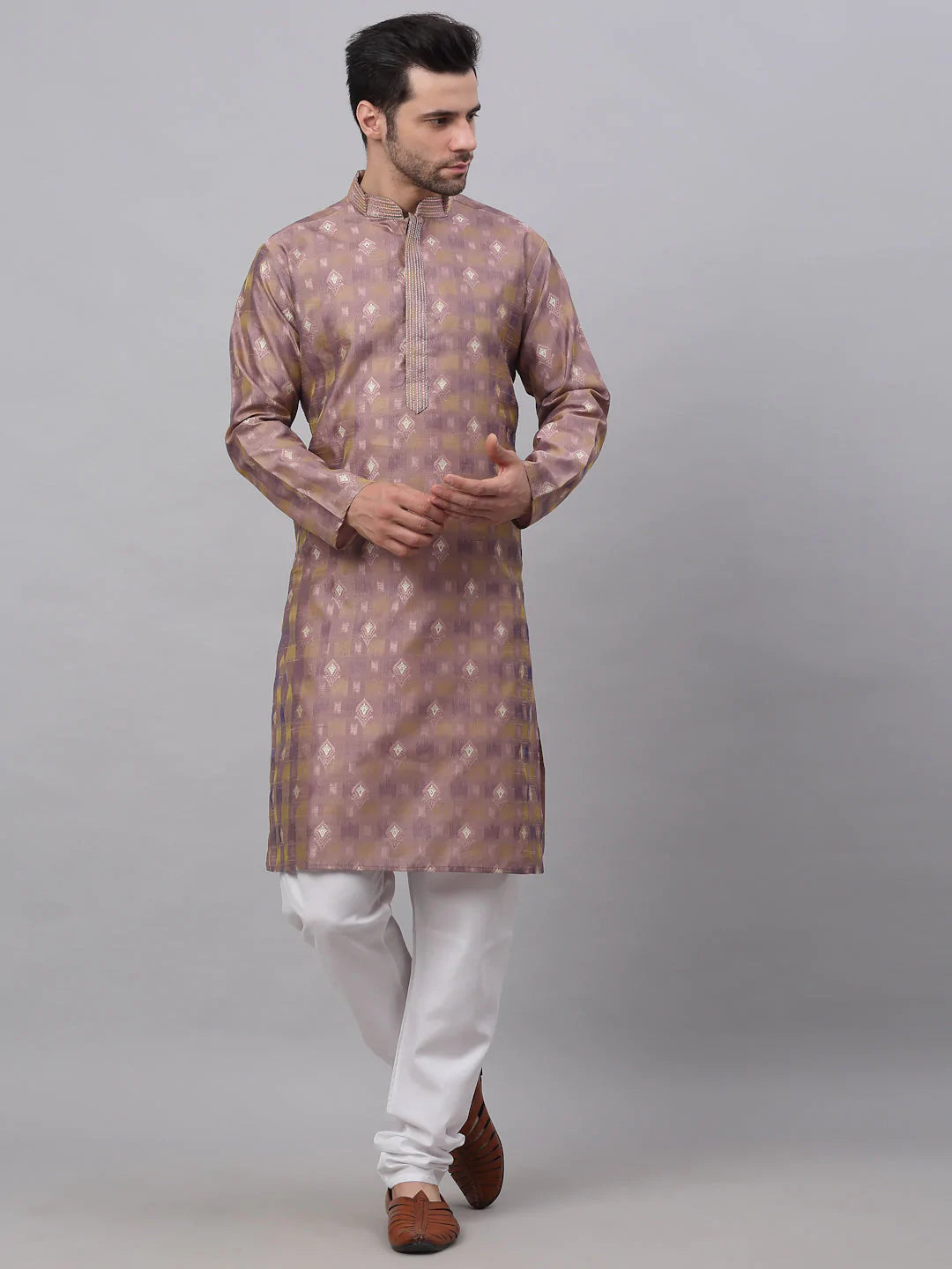 Jompers Men's Pink Collar Embroidered Woven Design Kurta Pajama ( JOKP 672 Pink )