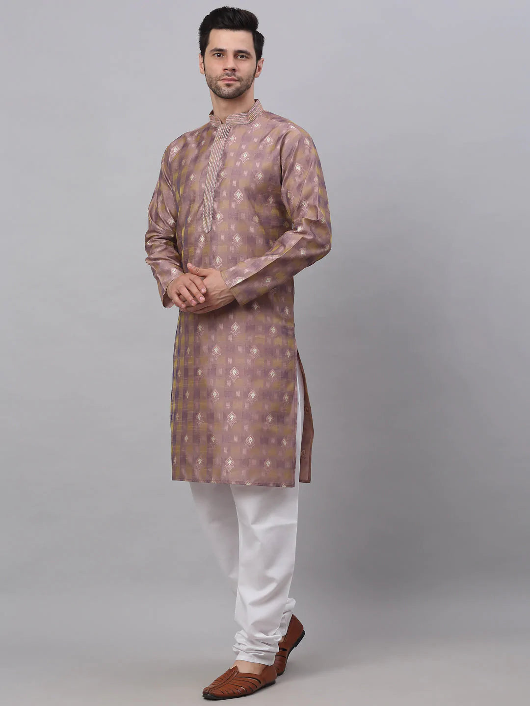 Jompers Men's Pink Collar Embroidered Woven Design Kurta Pajama ( JOKP 672 Pink )