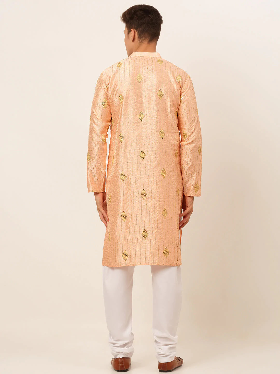 Jompers Men Peach Embroidered Sequinned Kurta with Churidar ( JOKP 673 Peach )