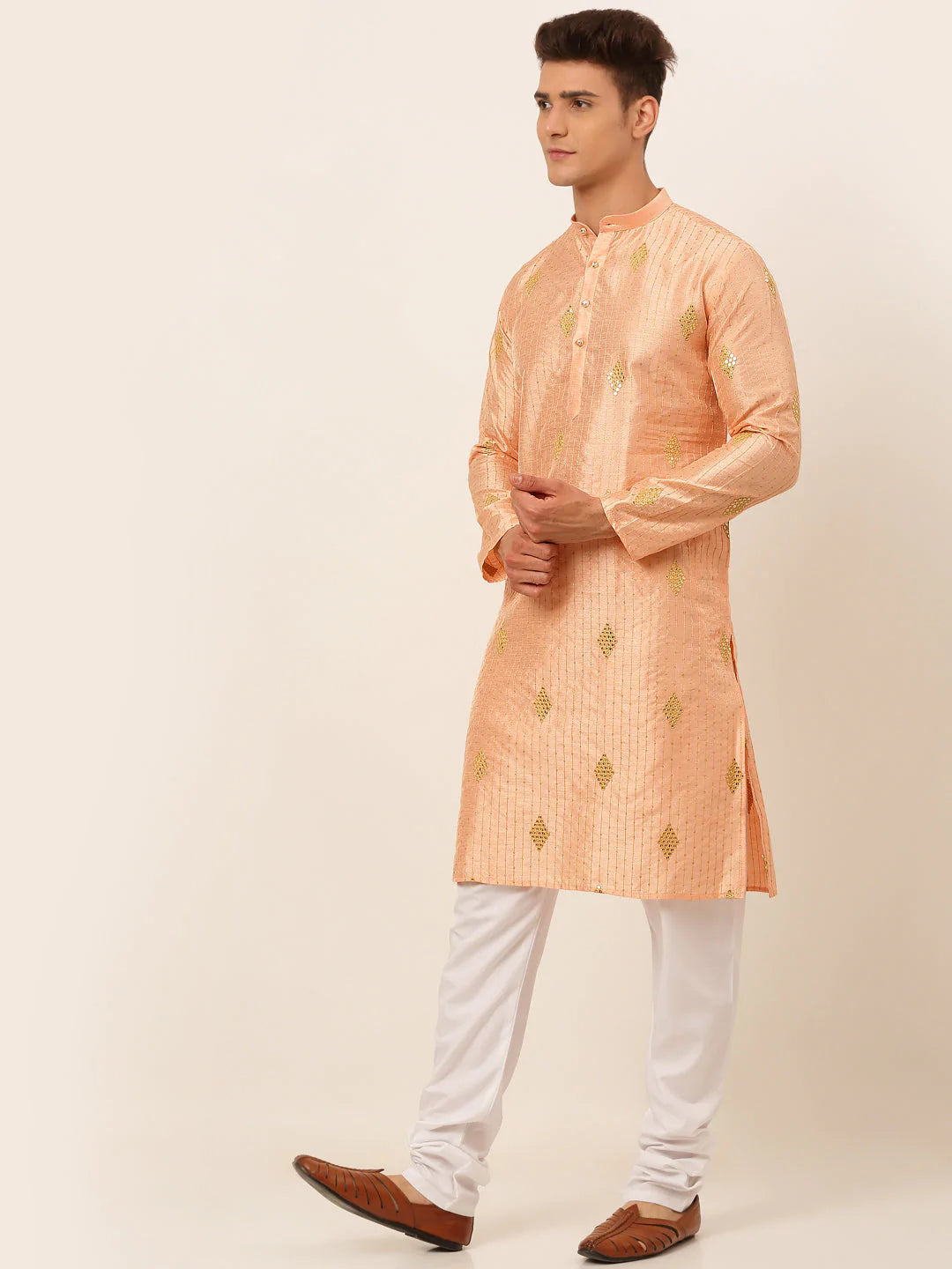 Jompers Men Peach Embroidered Sequinned Kurta with Churidar ( JOKP 673 Peach )