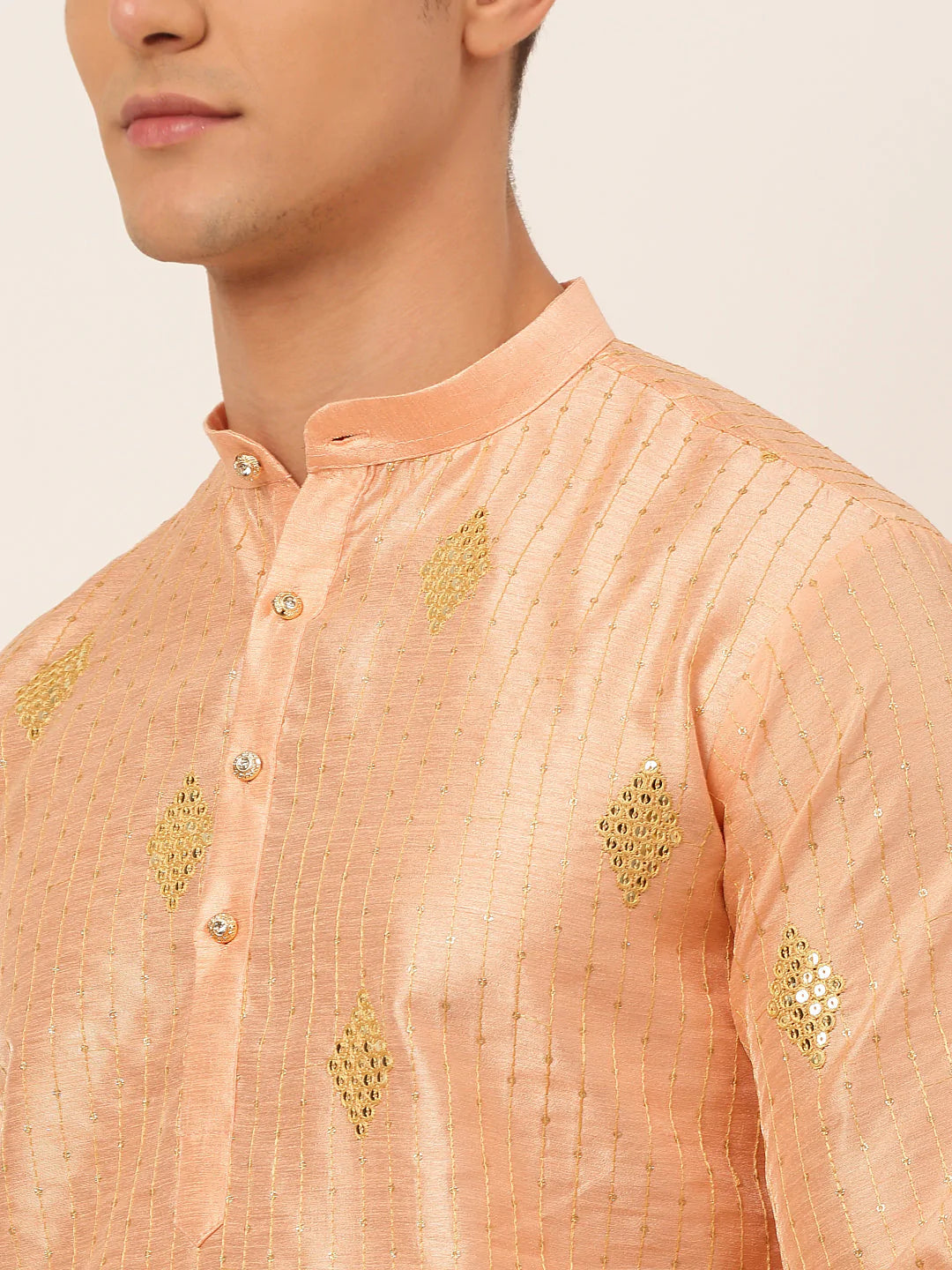 Jompers Men Peach Embroidered Sequinned Kurta with Churidar ( JOKP 673 Peach )
