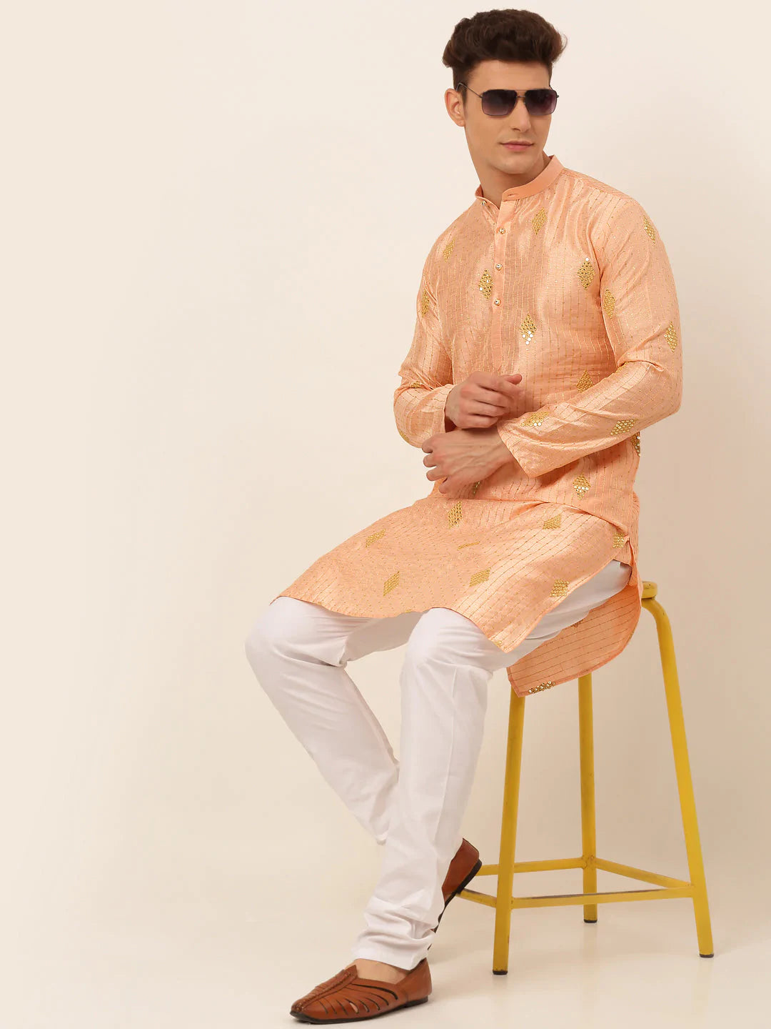 Jompers Men Peach Embroidered Sequinned Kurta with Churidar ( JOKP 673 Peach )