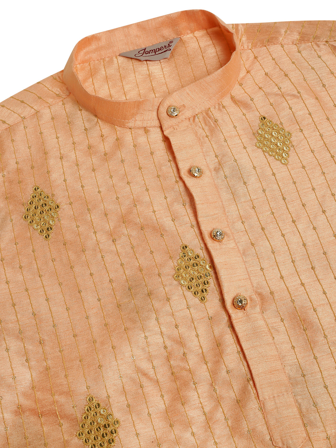 Jompers Men Peach Embroidered Sequinned Kurta with Churidar ( JOKP 673 Peach )