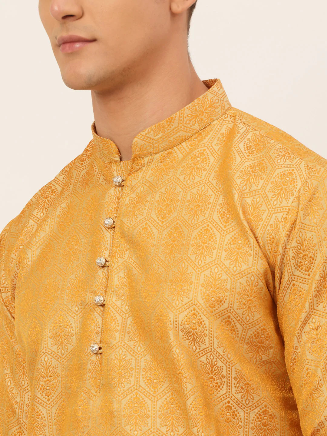 Jompers Men's Silver and Golden Woven Design Kurta Pajama ( JOKP 674 Golden )