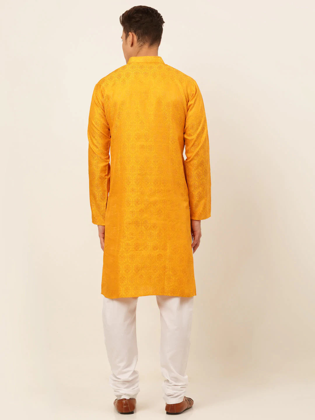 Jompers Men's Mustard and Golden Woven Design Kurta Pajama ( JOKP 674 Mustard )