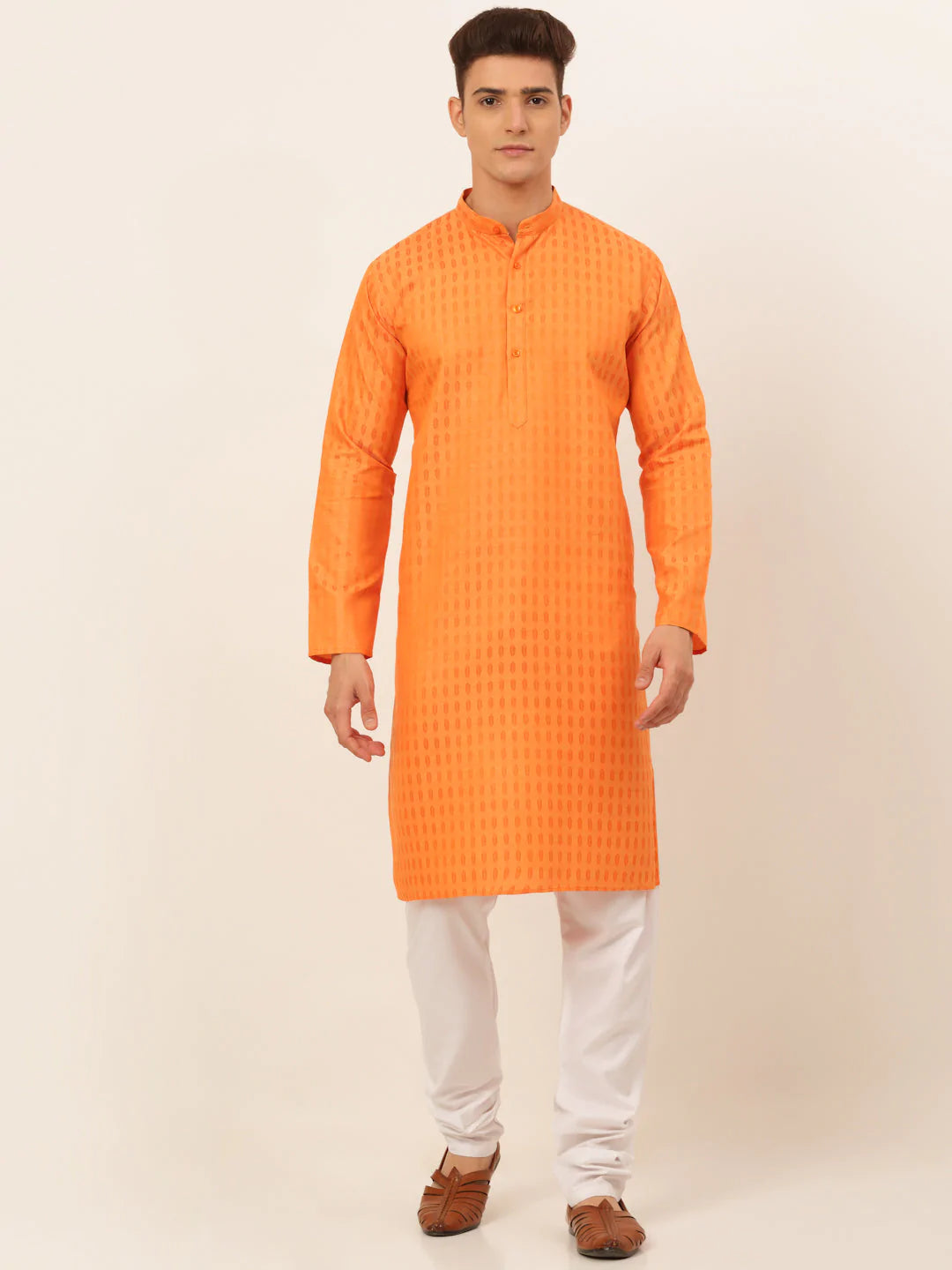 Jompers Men's Orange Woven Design Kurta Pajama ( JOKP 675 Orange )