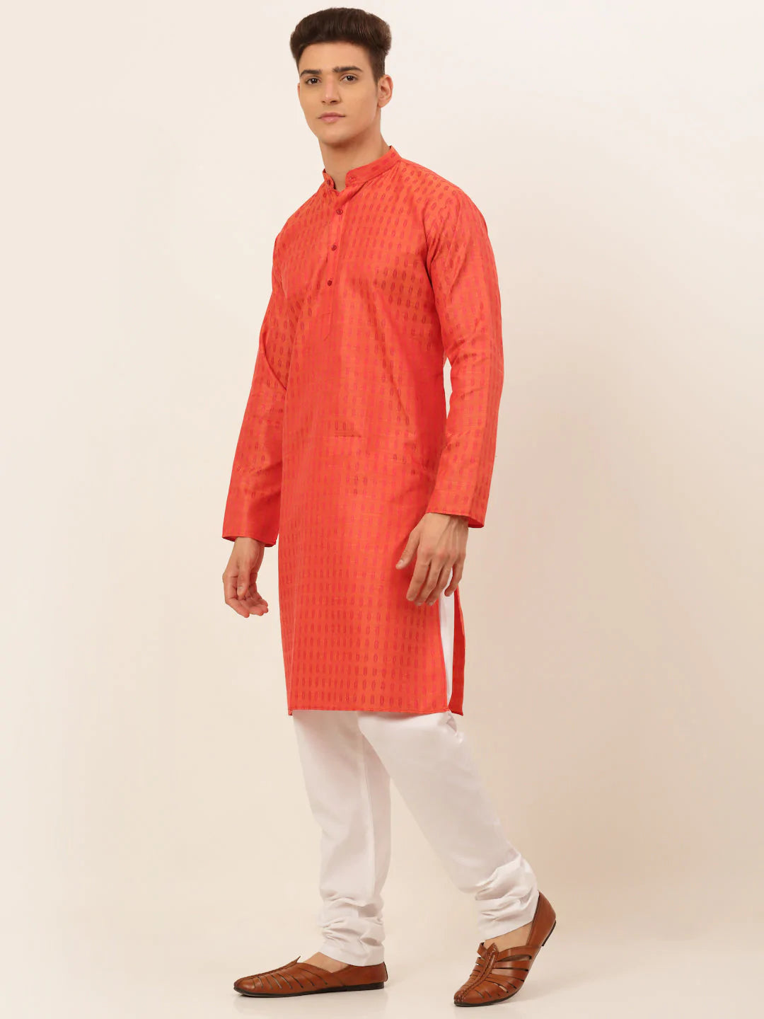 Jompers Men's Red Woven Design Kurta Pajama ( JOKP 675 Red )
