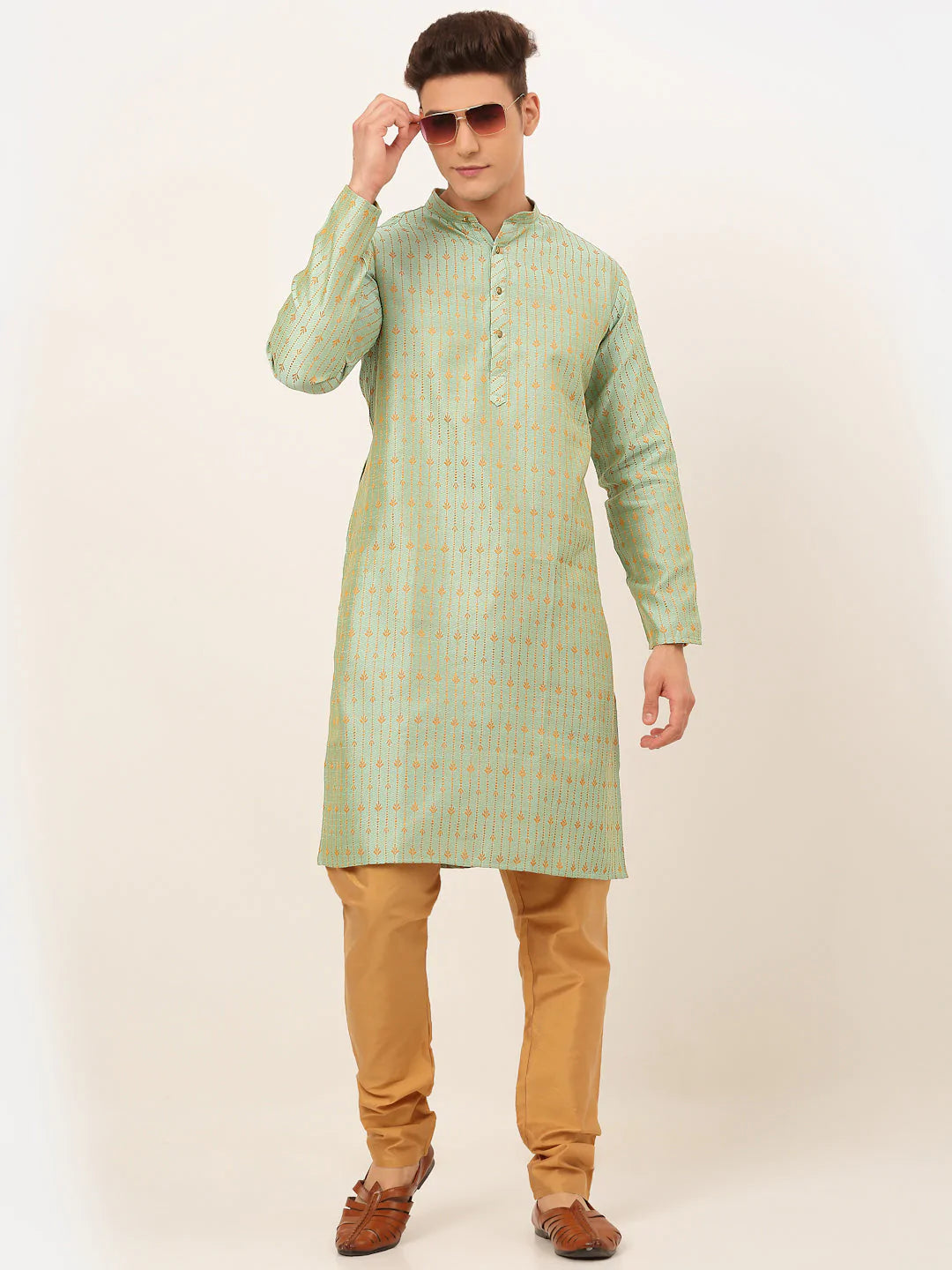 Jompers Men's Lime Green Embroidered Kurta Payjama Sets ( JOKP 676 Lime )