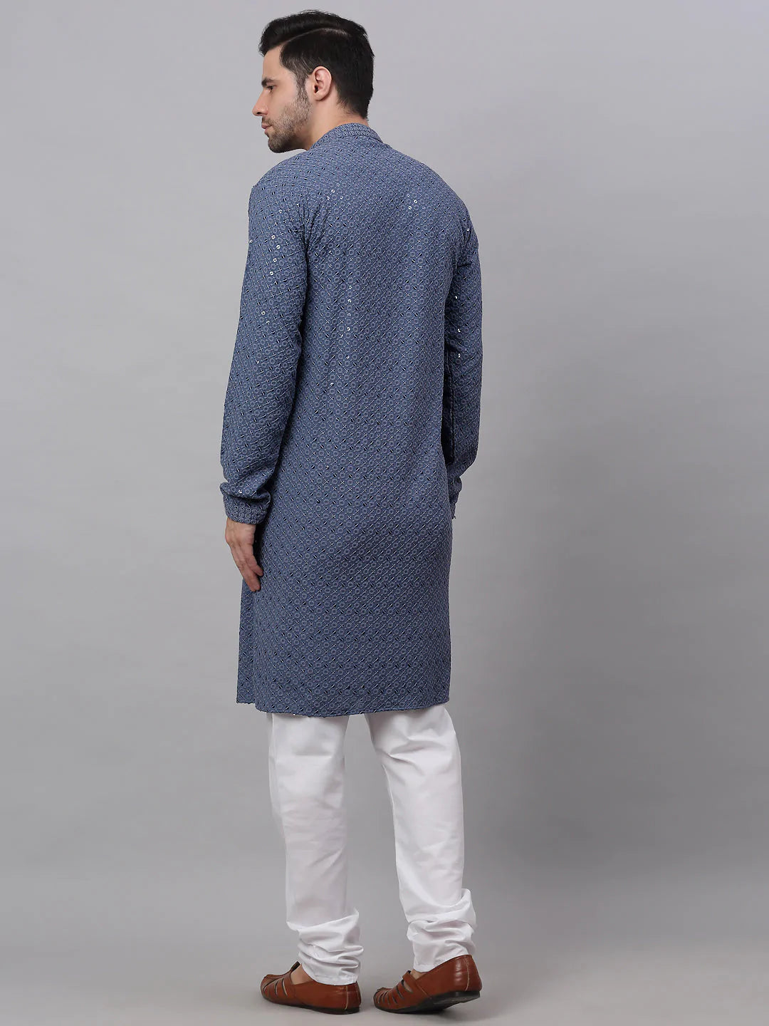 Men Grey Chikankari Embroidered and Sequence Kurta with Churidar ( JOKP 678 Grey )