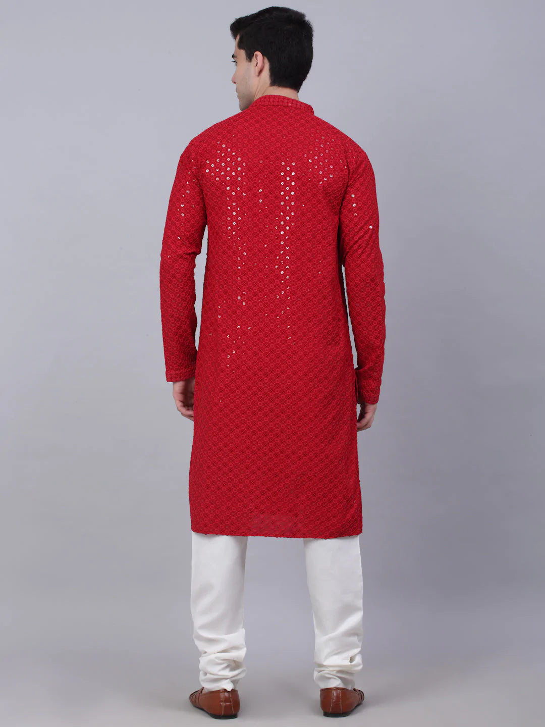 Men Maroon Chikankari Embroidered and Sequence Kurta with Churidar ( JOKP 678 Maroon )
