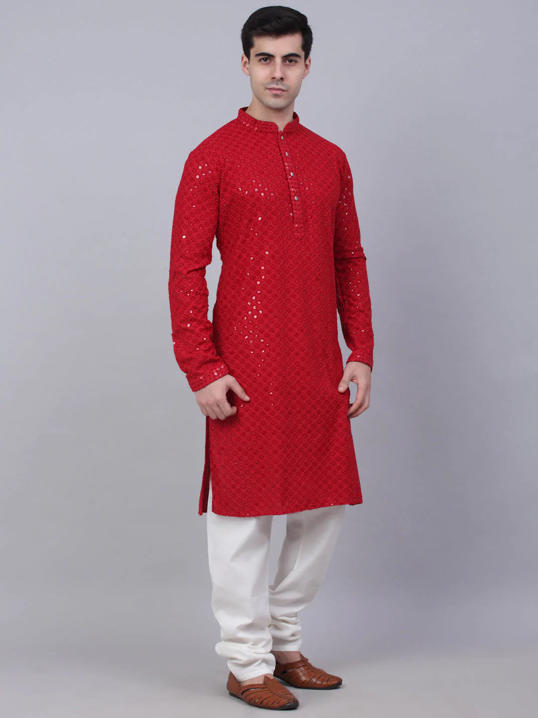 Men Maroon Chikankari Embroidered and Sequence Kurta with Churidar ( JOKP 678 Maroon )