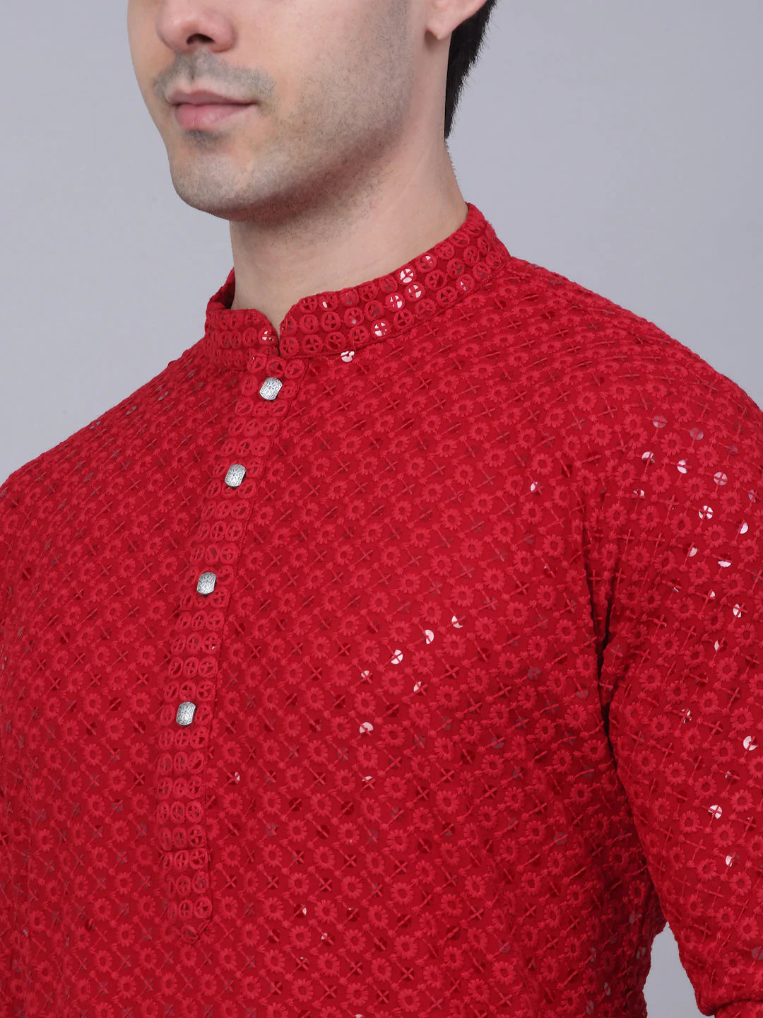 Men Maroon Chikankari Embroidered and Sequence Kurta with Churidar ( JOKP 678 Maroon )