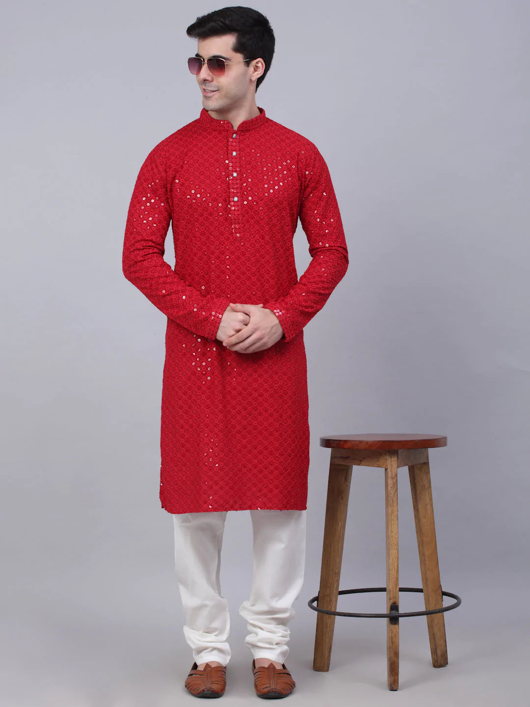 Men Maroon Chikankari Embroidered and Sequence Kurta with Churidar ( JOKP 678 Maroon )