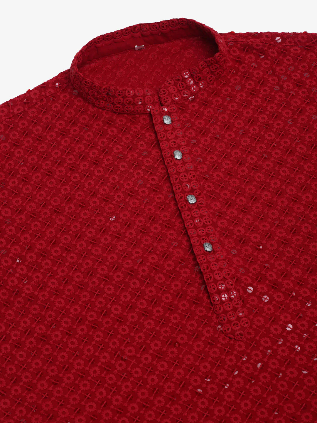 Men Maroon Chikankari Embroidered and Sequence Kurta with Churidar ( JOKP 678 Maroon )