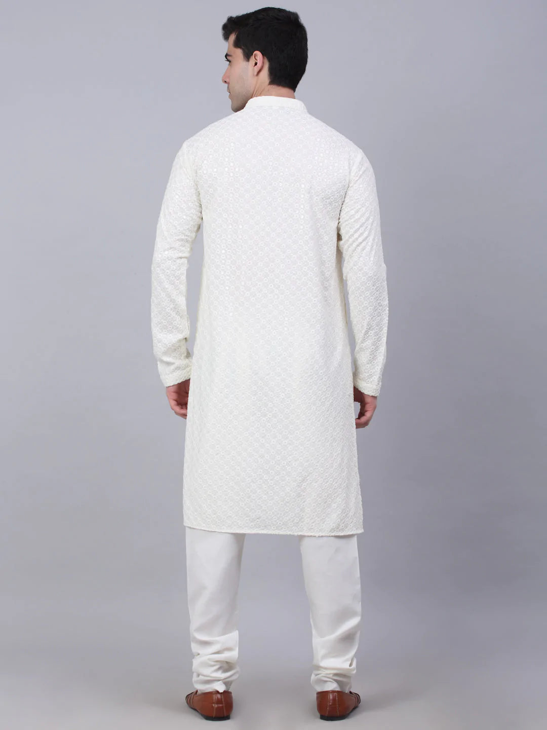 Men White Chikankari Embroidered and Sequence Kurta with Churidar ( JOKP 678 White )