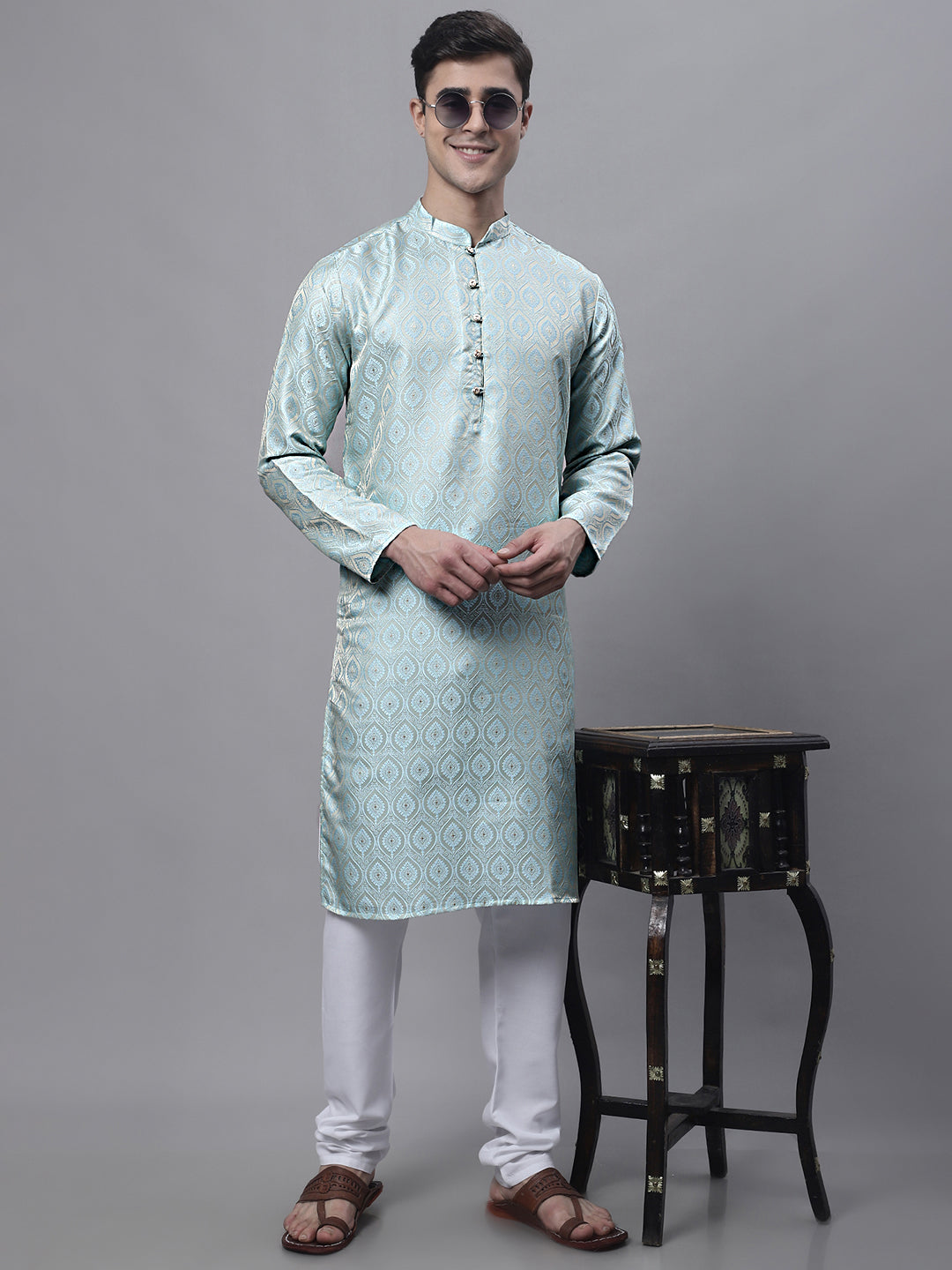 Men off-White Solid Kurta Pyjama with  Sky Blue Woven Design Nehru Jacket