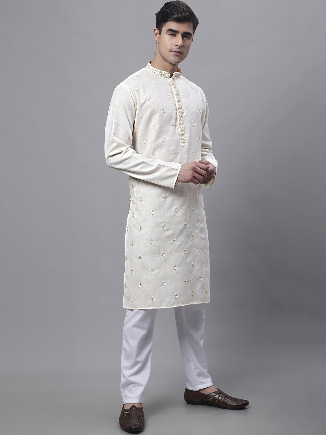 Men's White Embroidered Straight Kurta Pyjama Set