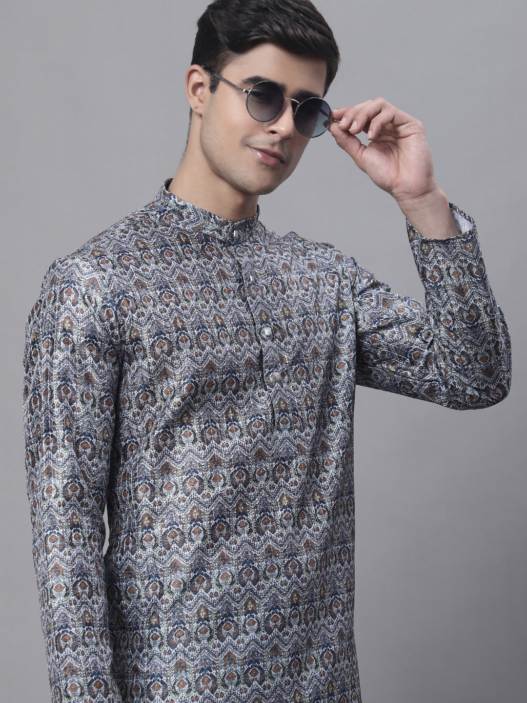 Men's Silver Digital Printed Kurta Pyjama Set