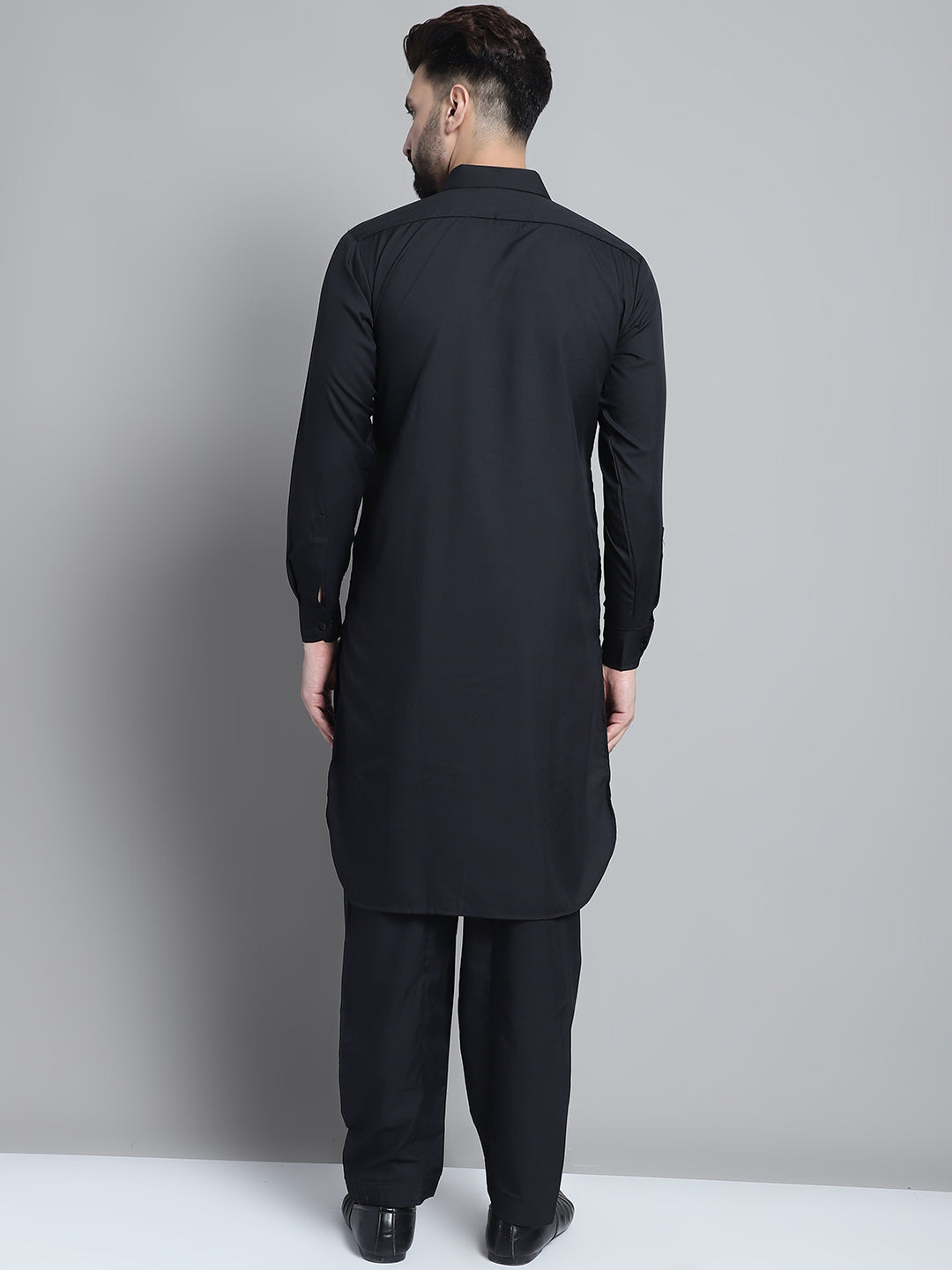 Men's Black Cotton Solid Pathani Kurta with Salwar
