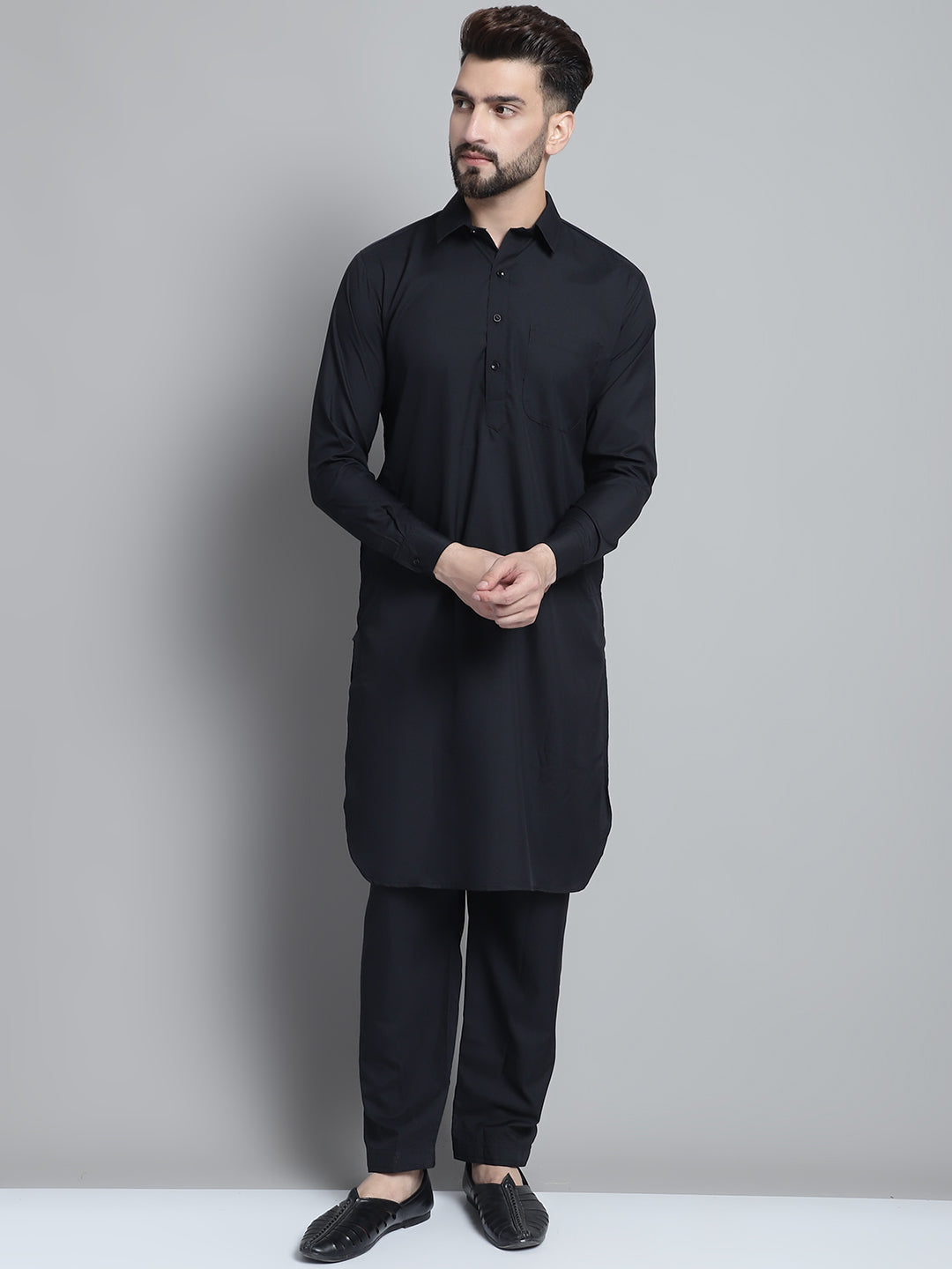 Men's Black Cotton Solid Pathani Kurta with Salwar