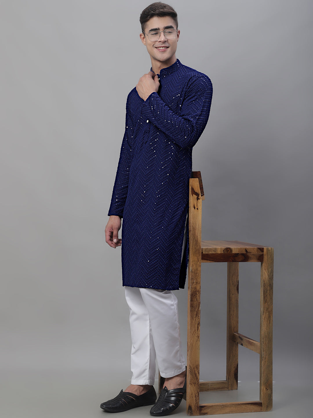 Men Navy Blue Embroidered Sequinned Kurta with Churidar