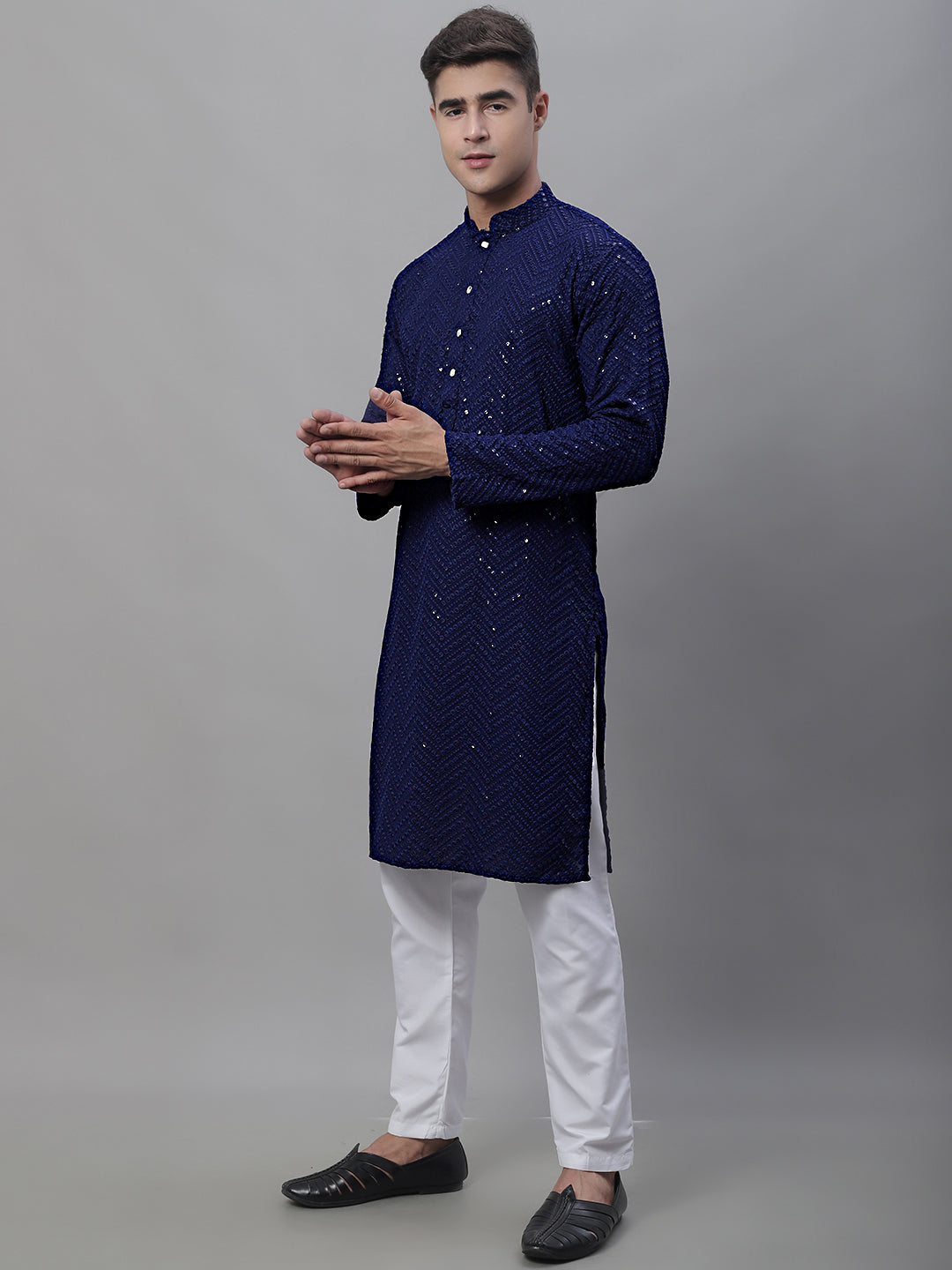 Men Navy Blue Embroidered Sequinned Kurta with Churidar