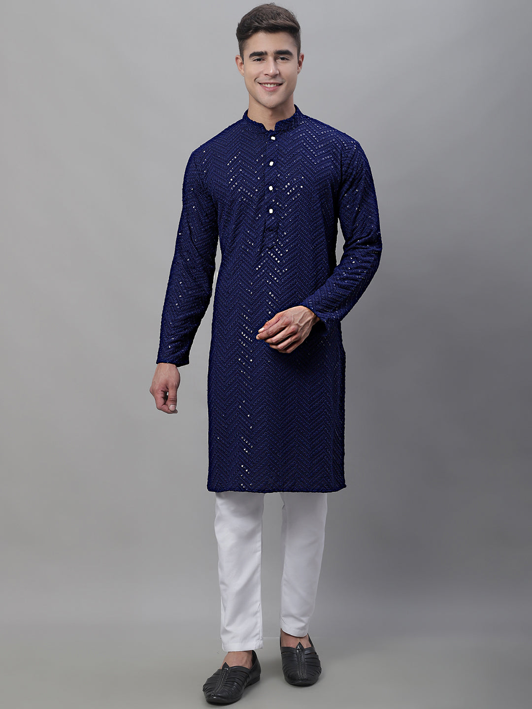Men Navy Blue Embroidered Sequinned Kurta with Churidar