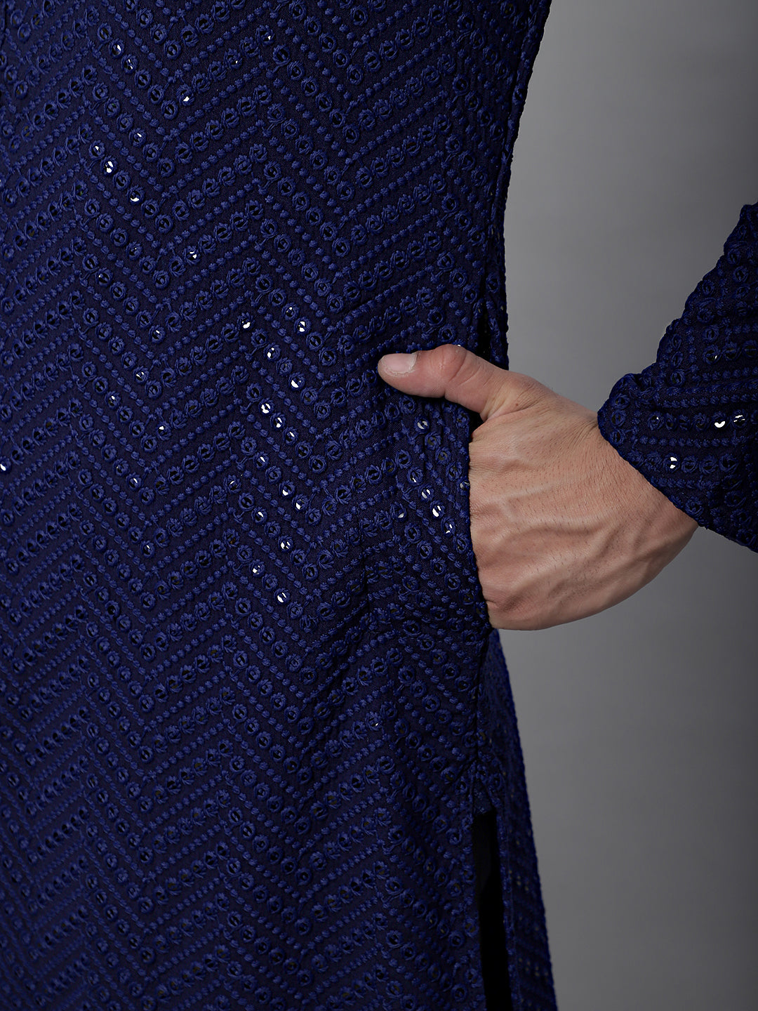 Men Navy Blue Embroidered Sequinned Kurta with Churidar