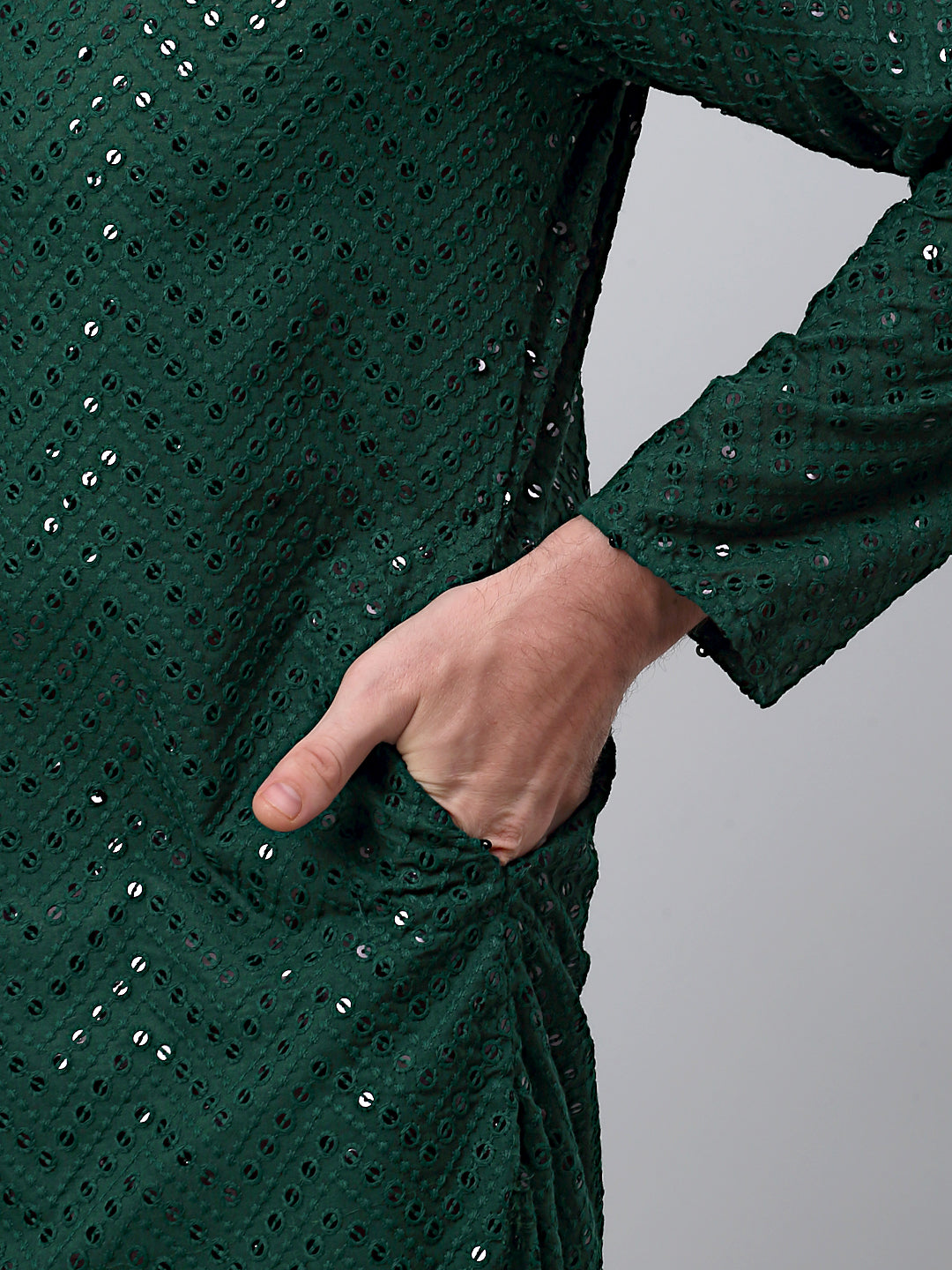 Men Olive Green Embroidered Sequinned Kurta with Churidar