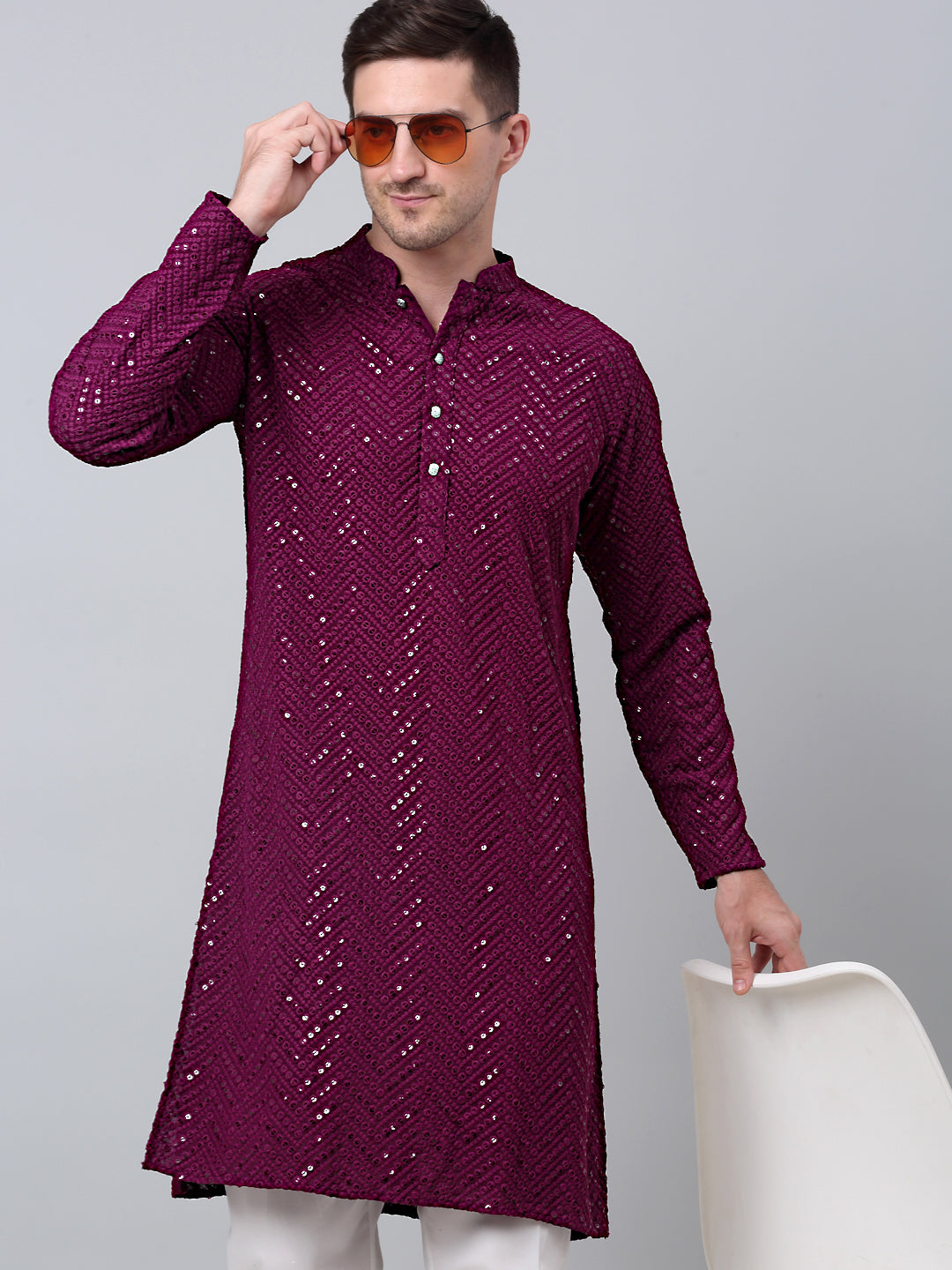 Men Purple Embroidered Sequinned Kurta with Churidar