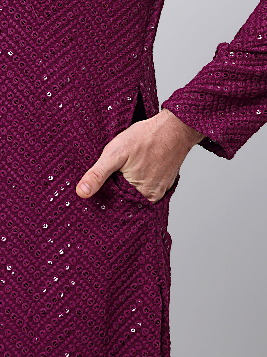 Men Purple Embroidered Sequinned Kurta with Churidar