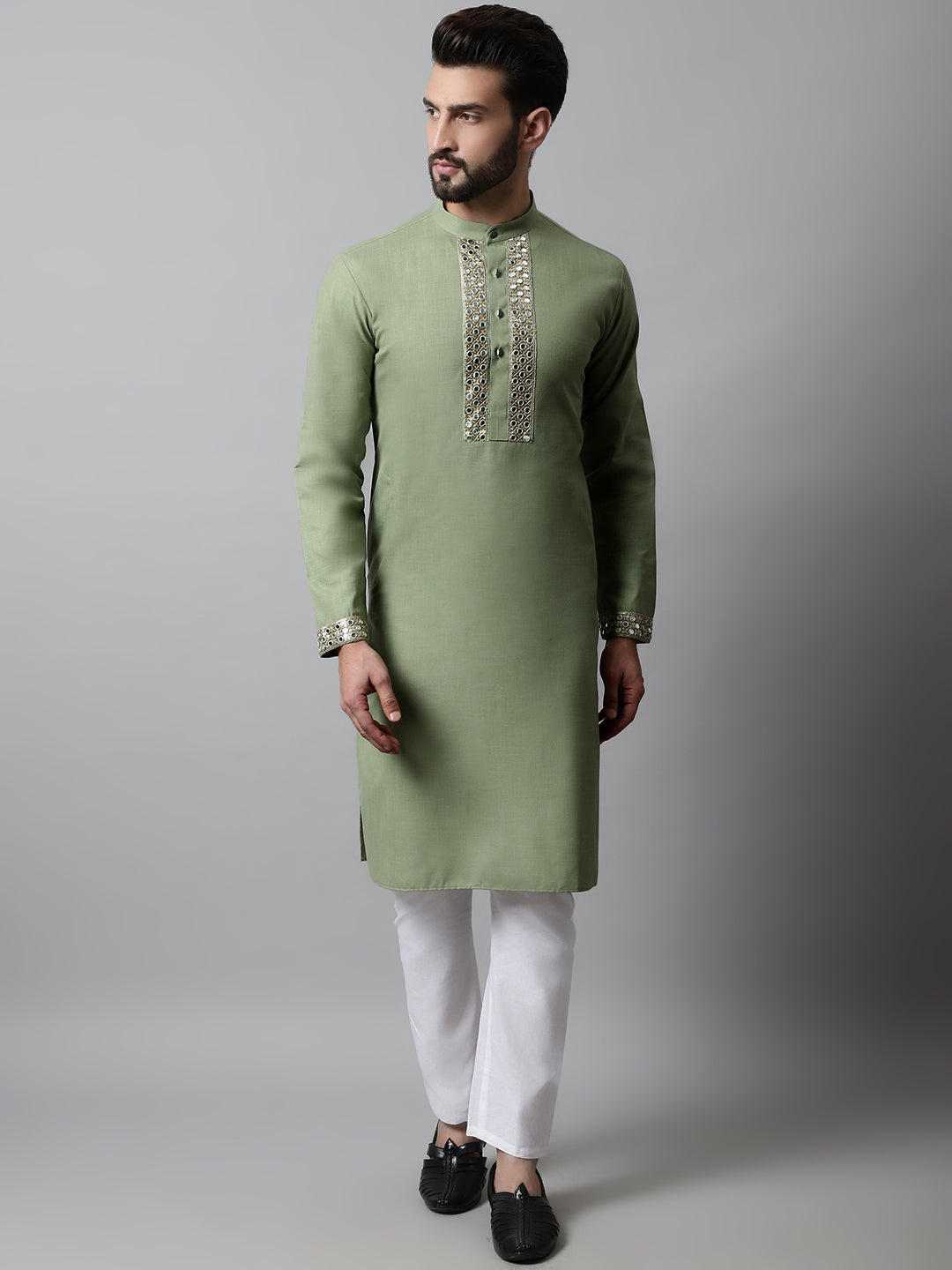 Men Pista Green Embroidered Mirror Work Kurta with Churidar