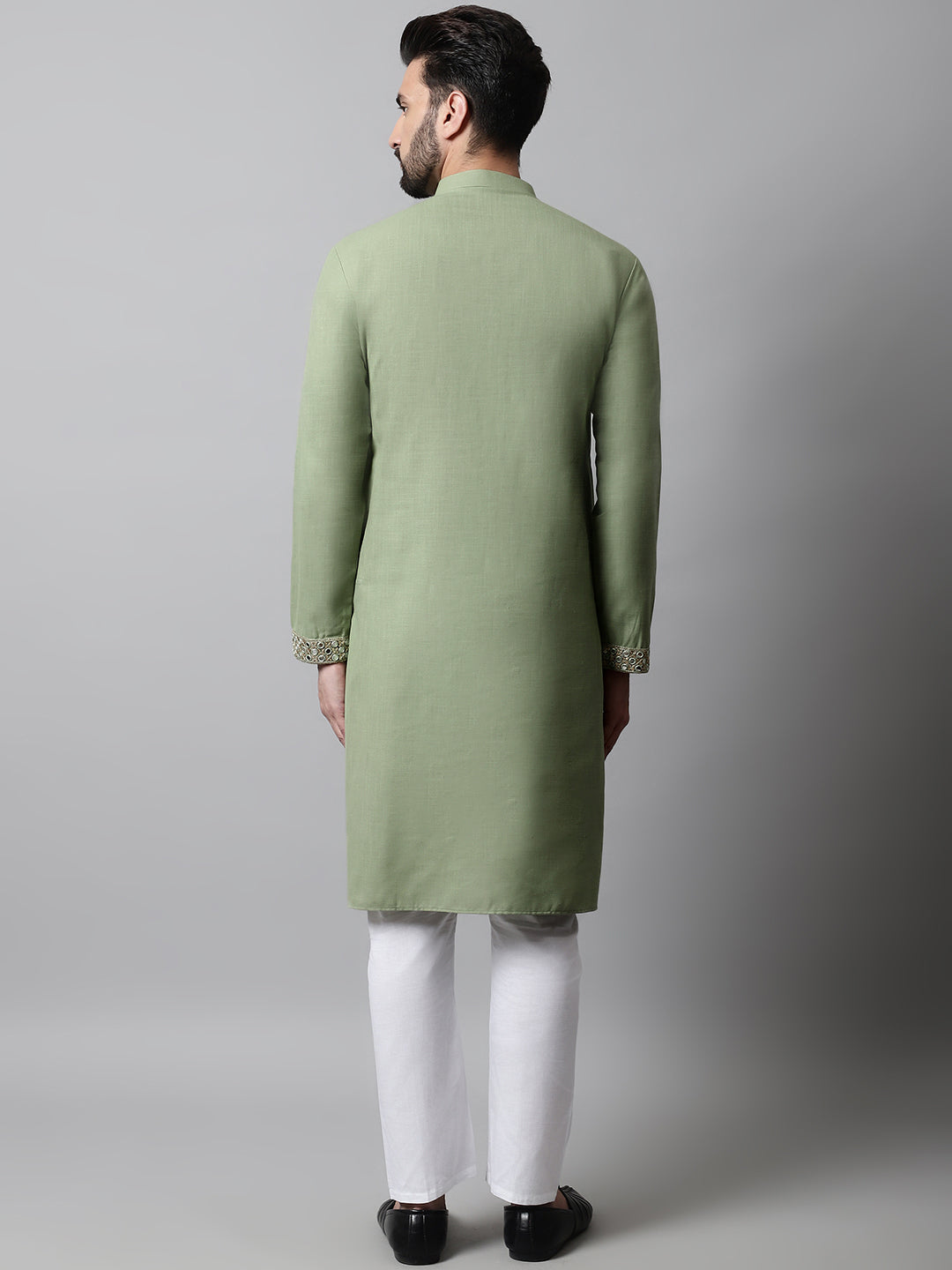 Men Pista Green Embroidered Mirror Work Kurta with Churidar