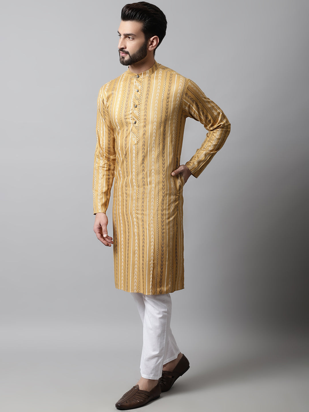 Men Beige Foil Printed Kurta with Churidar