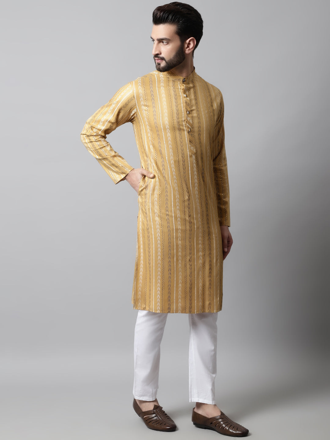 Men Beige Foil Printed Kurta with Churidar