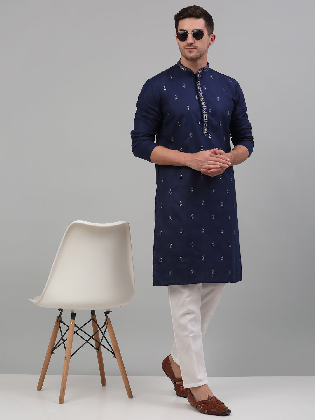 Men's Navy Blue Embroidered Straight Kurta Pyjama Set