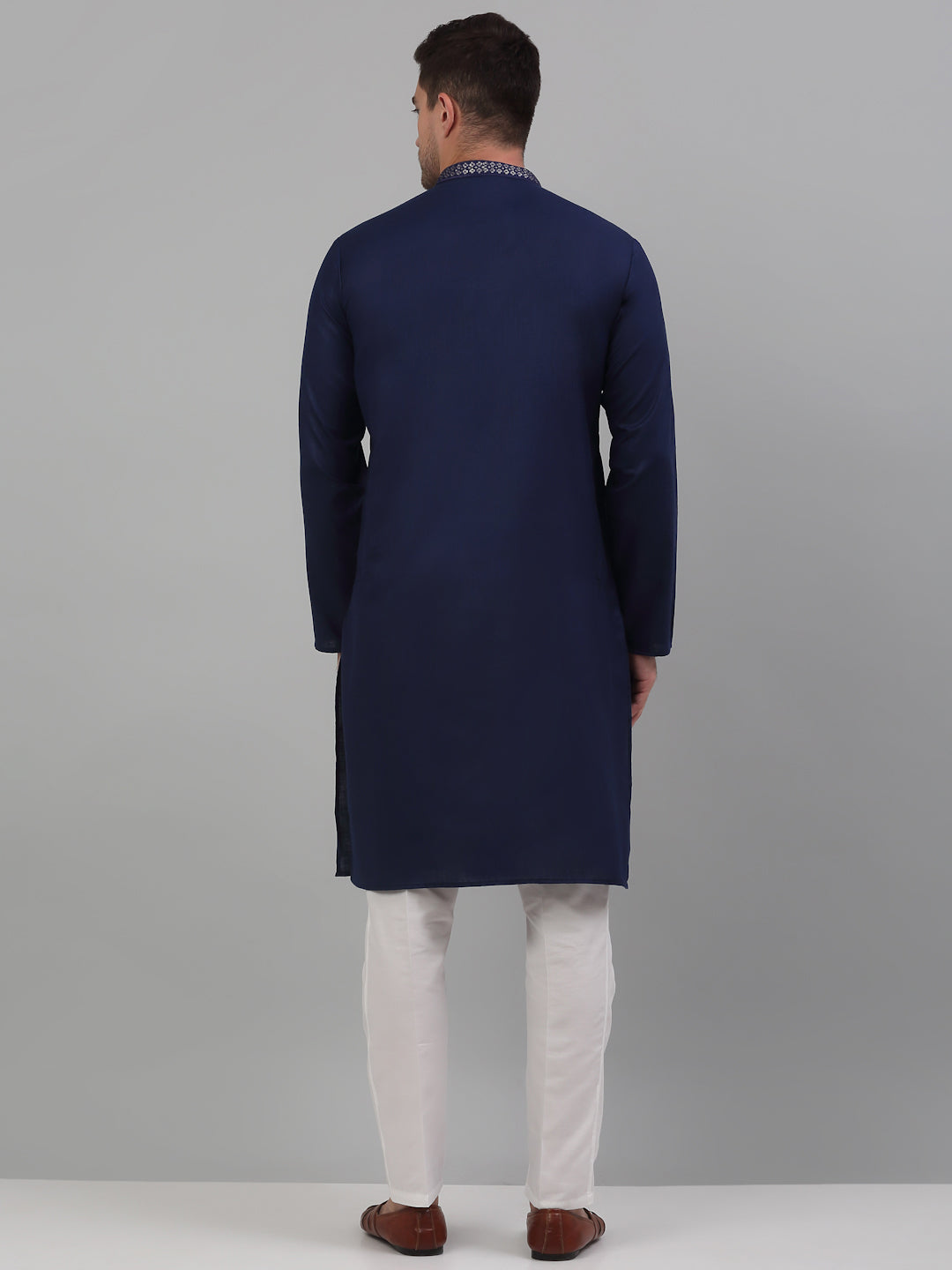Men's Navy Blue Embroidered Straight Kurta Pyjama Set
