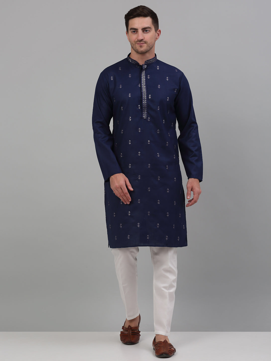 Men's Navy Blue Embroidered Straight Kurta Pyjama Set