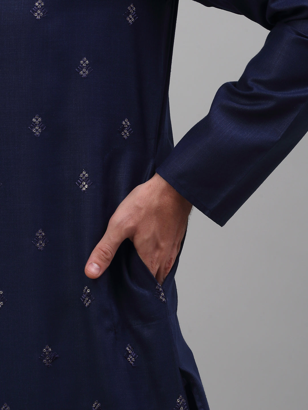 Men's Navy Blue Embroidered Straight Kurta Pyjama Set