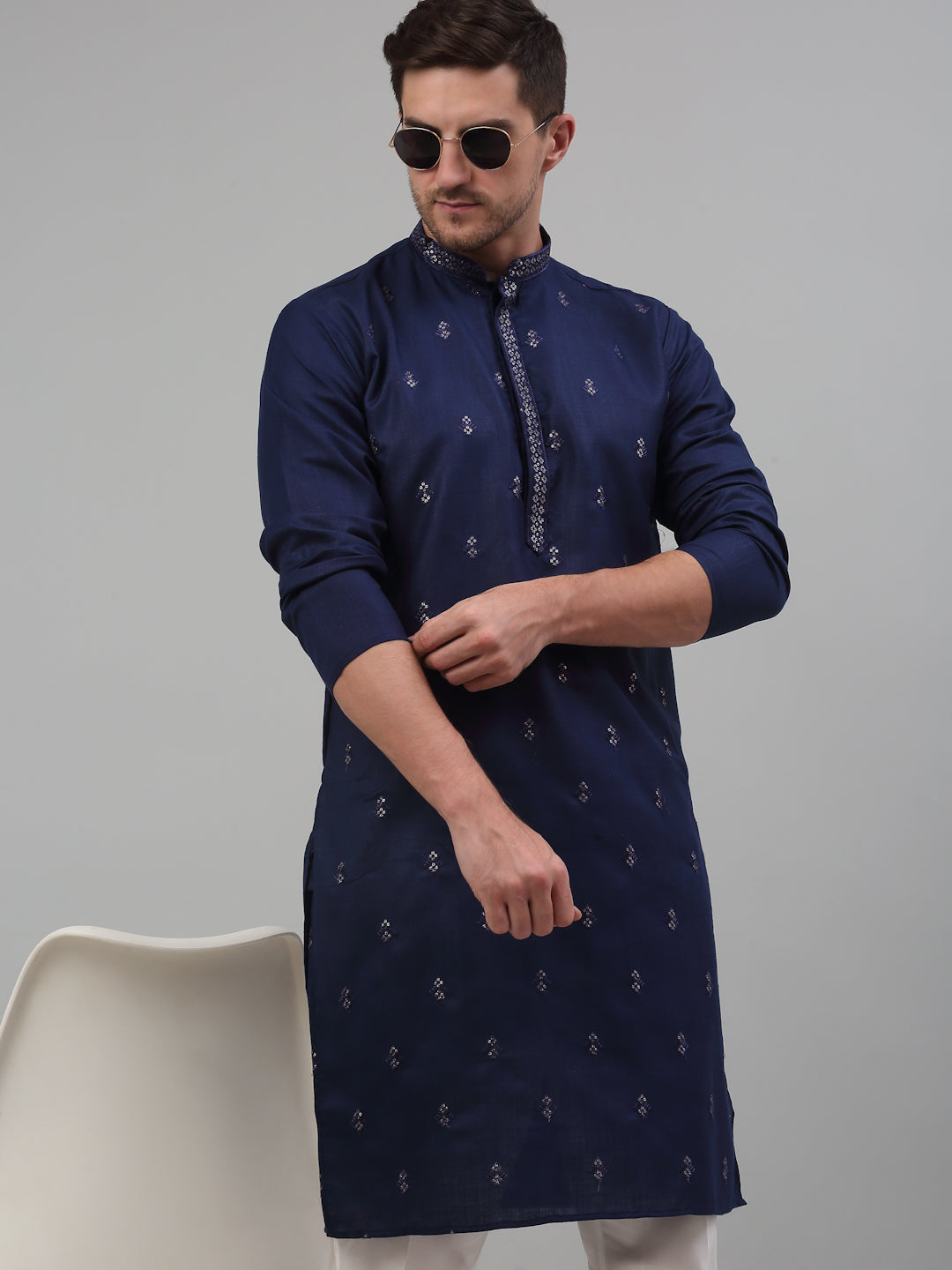 Men's Navy Blue Embroidered Straight Kurta Pyjama Set