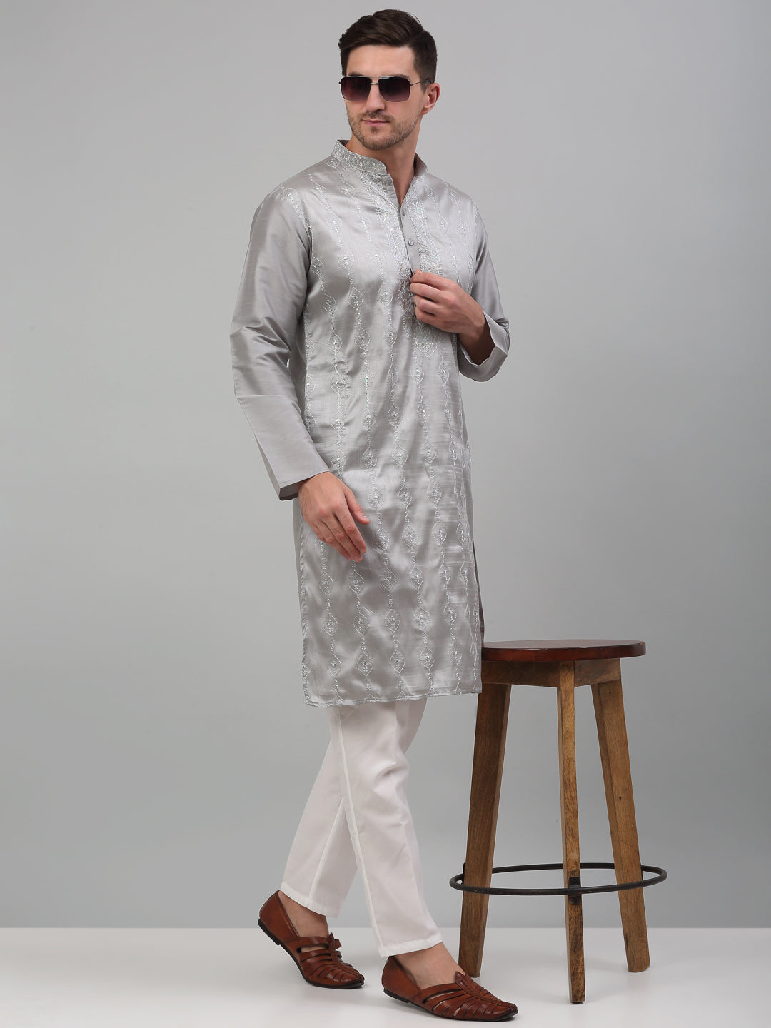Men’s Grey Chevron Embroidered Cotton Kurta with Gotta Patti
