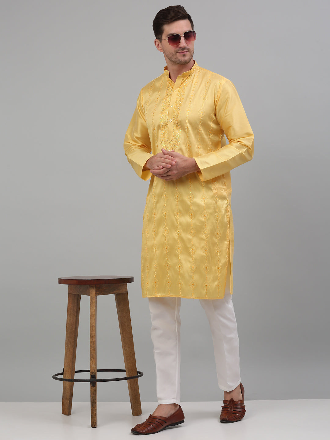 Men's Yellow Embroidered Kurta with Pyjama.