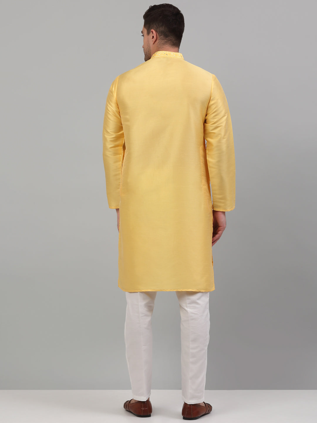 Men's Yellow Embroidered Kurta with Pyjama.