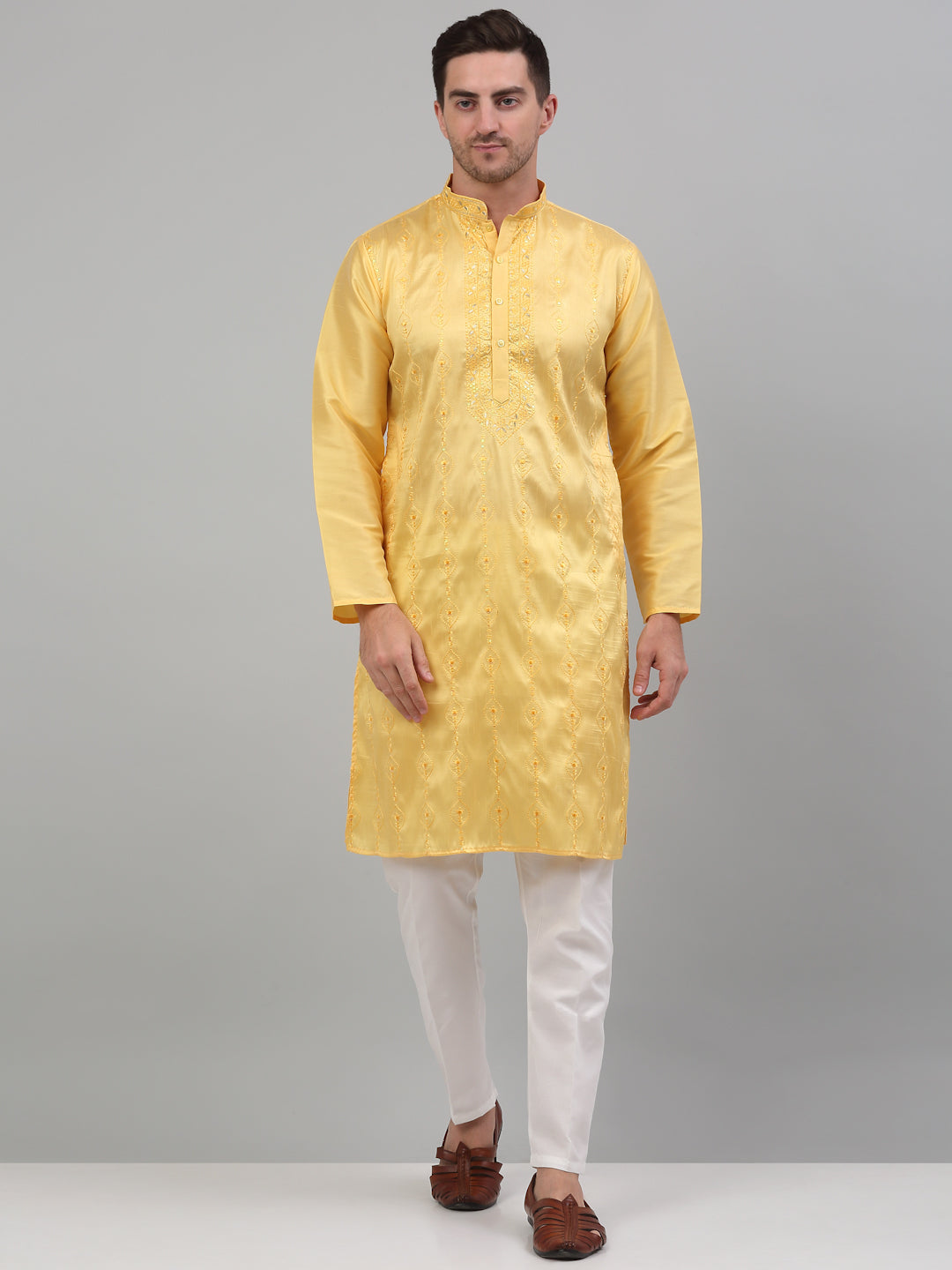 Men's Yellow Embroidered Kurta with Pyjama.
