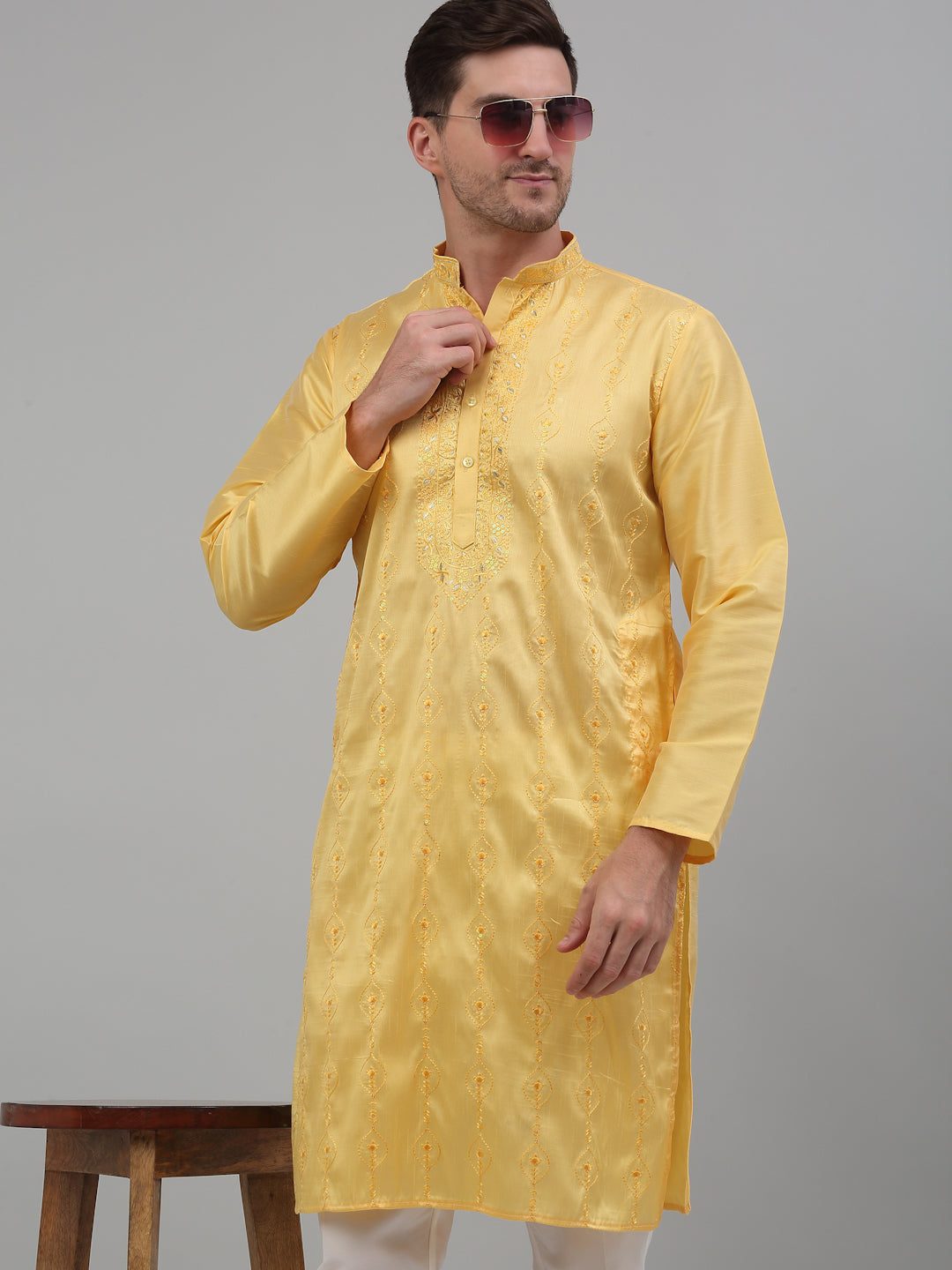 Men's Yellow Embroidered Kurta with Pyjama.