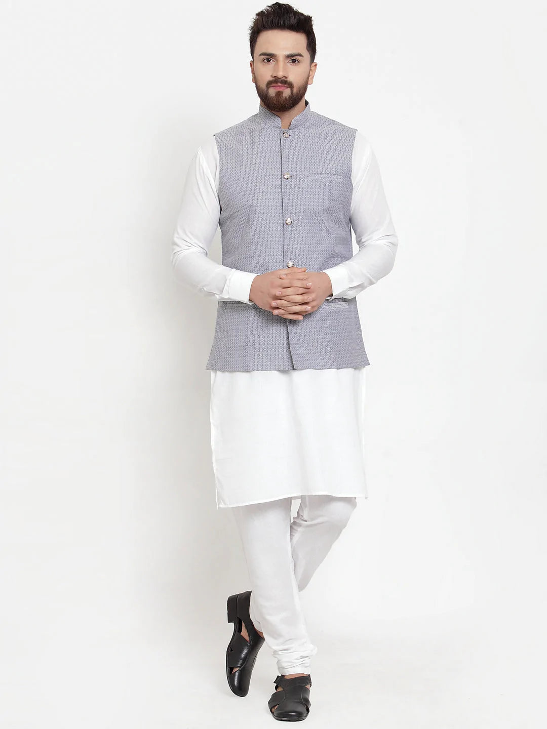 Jompers Men's Solid Cotton Kurta Pajama with Woven Jacquard Waistcoat ( JOKP WC 4057 Steel-Blue )
