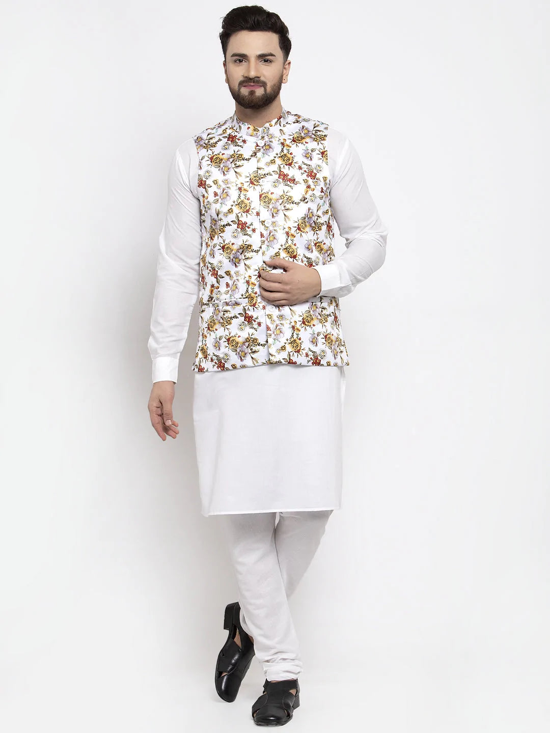 Jompers Men s Solid Cotton Kurta Pajama with Printed Waistcoat JOKP Jompers Wholesale