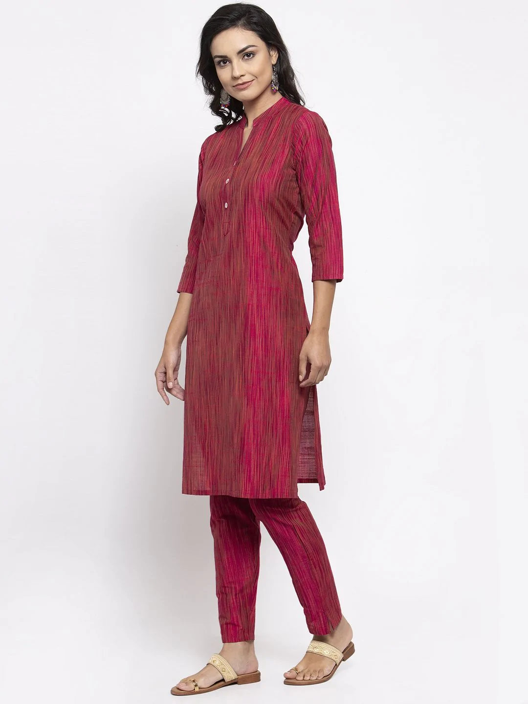 Jompers Women Pink Self-Striped Kurta with Trousers ( JOKS 1310 Pink )
